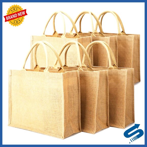 Natural Jute Canvas Tote Bags 6 Pack Reusable Grocery Shopping Beach Trip